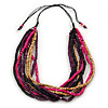 Multi-Strand Purple/ Black/ Magenta/ Beige Wood Bead Adjustable Cord Necklace - 46cm to 58cm L