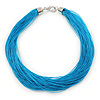 Multistrand Azure Blue Silk Cord Necklace In Silver Tone - 40cm L