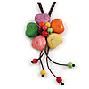 Multicoloured Ceramic Flower Pendant With Long Brown Cotton Cord - 60cm L