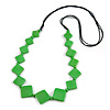Long Bright Green Bone Square Bead Black Cotton Cord Necklace - 82cm L