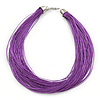 Multistrand Purple Silk Cord Necklace In Silver Tone - 50cm L