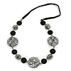 Geometric Wired Bead, Black Ceramic Stone Velour Cord Necklace - 72cm L