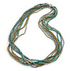 Silver/ Grey/ Olive/ Green Multistrand Glass Bead Long Necklace - 76cm L