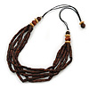 Multi-Strand Brown/ Cream Wood Bead Adjustable Cord Necklace - 68cm L