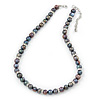 9mm Potato Shaped Peacock Coloured Freshwater Pearl With Crystal Rings Necklace In Silver Tone - 43cm L/ 6cm Ext