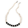 5mm - 10mm Cream Freshwater Pearl, Black Agate Stone and Crystal Rings Necklace - 45cm L