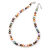 8mm Multicoloured Oval Freshwater Pearl Necklace In Silver Tone - 39cm L/ 4cm Ext