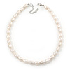 12mm Rice Shaped White Freshwater Pearl Necklace In Silver Tone - 41cm L/ 6cm Ext