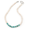 7mm Off Round Cream Freshwater Pearl, Turquoise Stone and Crystal Rings Necklace - 38cm L/ 6cm Ext