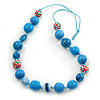 Long Sky Blue Wood and Cotton Bead Cord Necklace - 88cm L