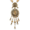 Victorian Style Filigree Oval Beaded Pendant With Chunky Chain In Antique Gold Tone - 40cm L/ 5cm Ext