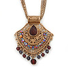 Vintage Inspired Filigree, Purple Crystal Diamond Pendant With Burnt Gold Chains - 40cm L/ 5cm Ext