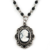 Victorian Style Oval Black Cameo Pendant With Beaded Chain In Pewter Tone - 37cm L