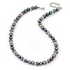 10mm Potato Shaped Peacock Coloured Freshwater Pearl With Crystal Rings Necklace In Silver Tone - 43cm L/ 6cm Ext