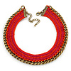 Orange/ Fuchsia Cotton Cord Collar Necklace with Antique Gold Chain - 33cm L/ 8cm Ext