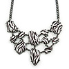 Black/ White Zebra Print Bib Style Statement Necklace In Black Tone Metal - 39cm L/ 7cm Ext/ 8cm Bib