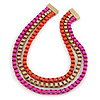 Magenta/ Brushed Gold/ Orange Square Link Layered Necklace with Magnetic Closure - 43cm L