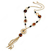 Long Tassel with Black and Brown Resin Bead Necklace In Gold Tone Metal -  60cm L/ 15cm Tassel