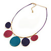Purple/ Teal/ Pink Enamel Circle  Wire Cord Necklace In Gold Tone - 40cm L/ 7cm Ext