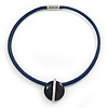 Dark Blue Round Enamel Pendant with Leather Cord with Magnetic Closure - 43cm L