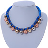 Blue Silk Cord With Gold/ Silver/ Rose Gold Balls Choker Necklace - 42cm L/ 5cm Ext