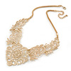 Statement Filigree V Shape Necklace In Gold Tone Metal - 46cm L/ 8cm Ext