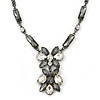 Victorian Style Grey/ Clear Glass Stone V Shape Necklace In Black Tone Metal - 42cm L/ 7cm Ext