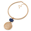 Gold Tone Medallion with Blue Stone Pendant with Flex Collar Necklace - 40cm L/ 7cm Ext