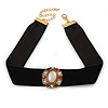 Black Velour Ribbon with Crystal Oval Pendant Choker Necklace In Gold Plating - 32cm L/ 7cm Ext