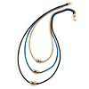 3 Strand, Beaded, Layered Mesh Chain Necklace In Black/ Blue/ Gold Tone - 86cm L