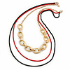 3 Strand, Layered Oval Link, Box Style Chain Necklace In Black/ Red/ Gold Tone - 86cm L