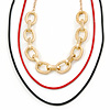 3 Strand, Layered Oval Link, Box Style Chain Necklace In Black/ Red/ Gold Tone - 86cm L