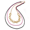 3 Strand, Layered Oval Link, Box Style Chain Necklace In Black/ Pink/ Gold Tone - 86cm L