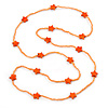 Long Orange Glass Bead, Ceramic Star Necklace - 106cm L