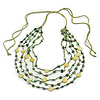 Long Multistrand, Layered Green, Olive Sea Shell Bead Necklace with Suede Cord - Adjustable - 72cm/ 110cm L