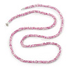 Long Multistrand Twisted Glass Bead Necklace (Baby Pink, White) - 124cm L
