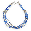 Blue Glass Bead Multistrand Necklace In Silver Tone - 48cm L/ 3cm Ext