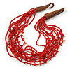 Ethnic Multistrand Red Glass Necklace With Wood Hook Closure - 50cm L