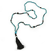 Long Turquoise Style Bead with Black Cotton Cord Tassel Necklace - 84cm L/ 9cm L-Tassel