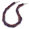 Deep Purple Square Wood And Metallic Violet Off Round Glass Bead Multistrand Twisted Necklace In Silver Tone - 44cm L