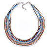 Multistrand White/ Coral/ Blue/ Bronze Glass Bead Collar Style Necklace In Silver Tone Metal - 42cm L/ 4cm Ext