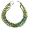 Multistrand Green Glass Bead Collar Style Necklace In Silver Tone Metal - 42cm L/ 4cm Ext