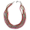 Multistrand White/ Raspberry/ Purple/ Turquoise Glass Bead Collar Style Necklace In Silver Tone Metal - 42cm L/ 4cm Ext