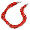 Brick Red Square Wood And Off Round Glass Bead Multistrand Twisted Necklace In Silver Tone - 44cm L