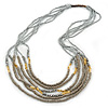 Light Grey, Metallic Silver, Gold Glass and Acrylic Bead Multistrand Necklace - 80cm L