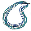 Long Multistrand Teal, Grey, Blue Glass/ Wood Bead Necklace - 100cm L