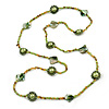 Long Green/ Lime/ Olive Green Glass, Pearl, Sea Shell Bead Necklace - 102cm L