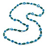 Long Teal/ Light Blue Wood, Glass Bead Necklace - 114cm L