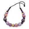 Lilac/ Purple Wood Bead Black Cotton Cord Necklace - 66cm L