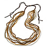 Long Multistrand, Layered Bronze, Transparent, Gold Glass Bead Necklace with Dark Brown Suede Cord - Adjustable - 86cm/ 120cm L